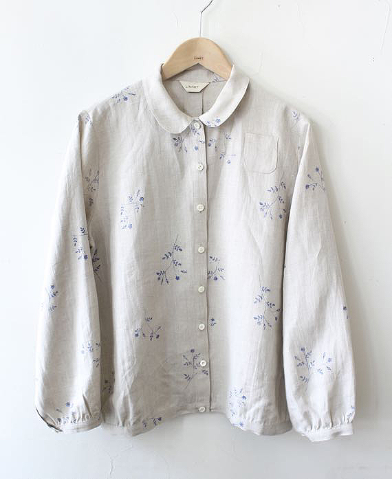 No.119丸襟ブラウス長袖<br />ローズブーケ　インディゴブルー